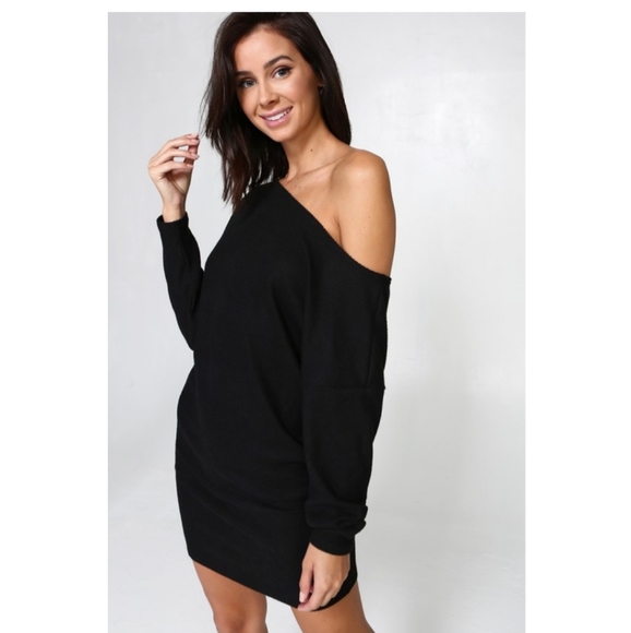 Black Off One Shoulder Long Sleeve Dress - Picture 2 of 5